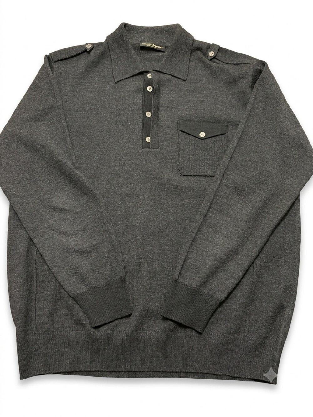 Gianni Marcelo Men's Large Charcoal Gray Fine Knit Polo Sweater w/ Epaulets READ